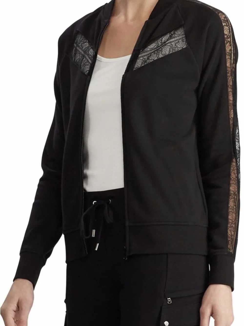 Ralph Lauren Black Lace-Panel Bomber Jacket